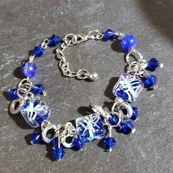 Vintage Murano Glass Beads Blue Silver Charm Bracelet PD 1178-BL C - Picture 4 of 7